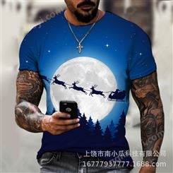 男士跨境外贸平台3D数码印花男T恤圣诞节热款短袖上衣大码